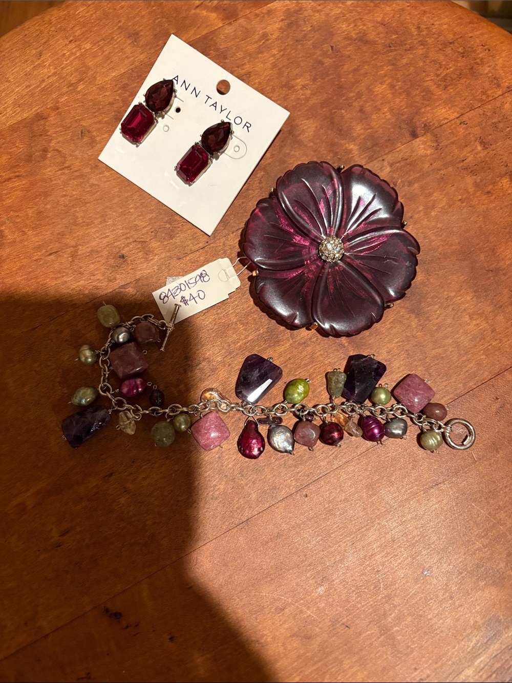 Ann Taylor Plum Floral Brooch with Plum and Mixed Stone Bracelet & Earrings